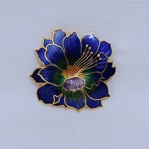Vintage Cloisonne Blue Enamel Flower Brooch Pin